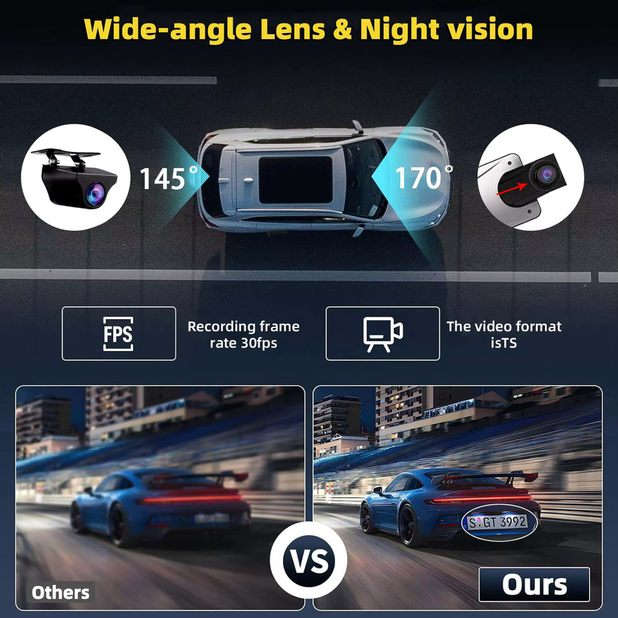 E-ACE 12 Zoll 4K UHD Dashcam mit CarPlay und Android Auto, WiFi, GPS, Bluetooth, FM-Transmitter und 1080P Rückkamera in Schwarz - Bild 4