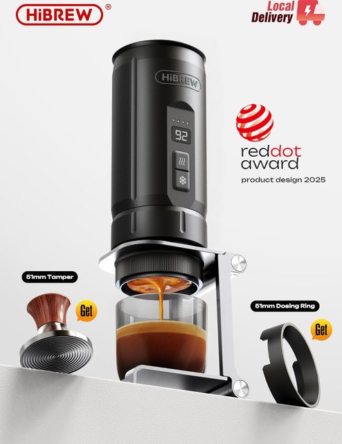 HiBREW H4C Tragbare Espressomaschine in Schwarz mit kabelloser Heizung, abnehmbarer Batterie und bodenloser Extraktion für gemahlenen Kaffee - Bild 1