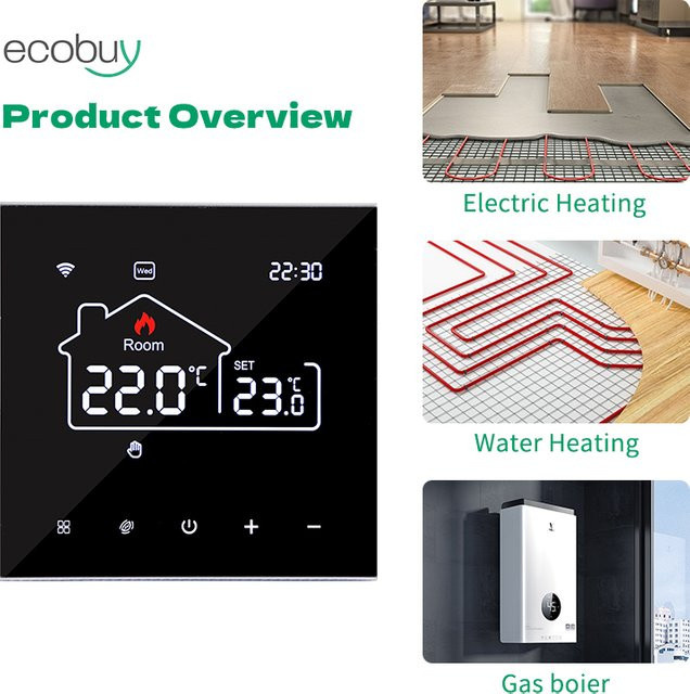 Tuya Smart Wifi Heizungsthermostat für Bodenheizung und Gasheizung in Schwarz mit App- und Sprachsteuerung für Google Home und Alexa - Bild 1