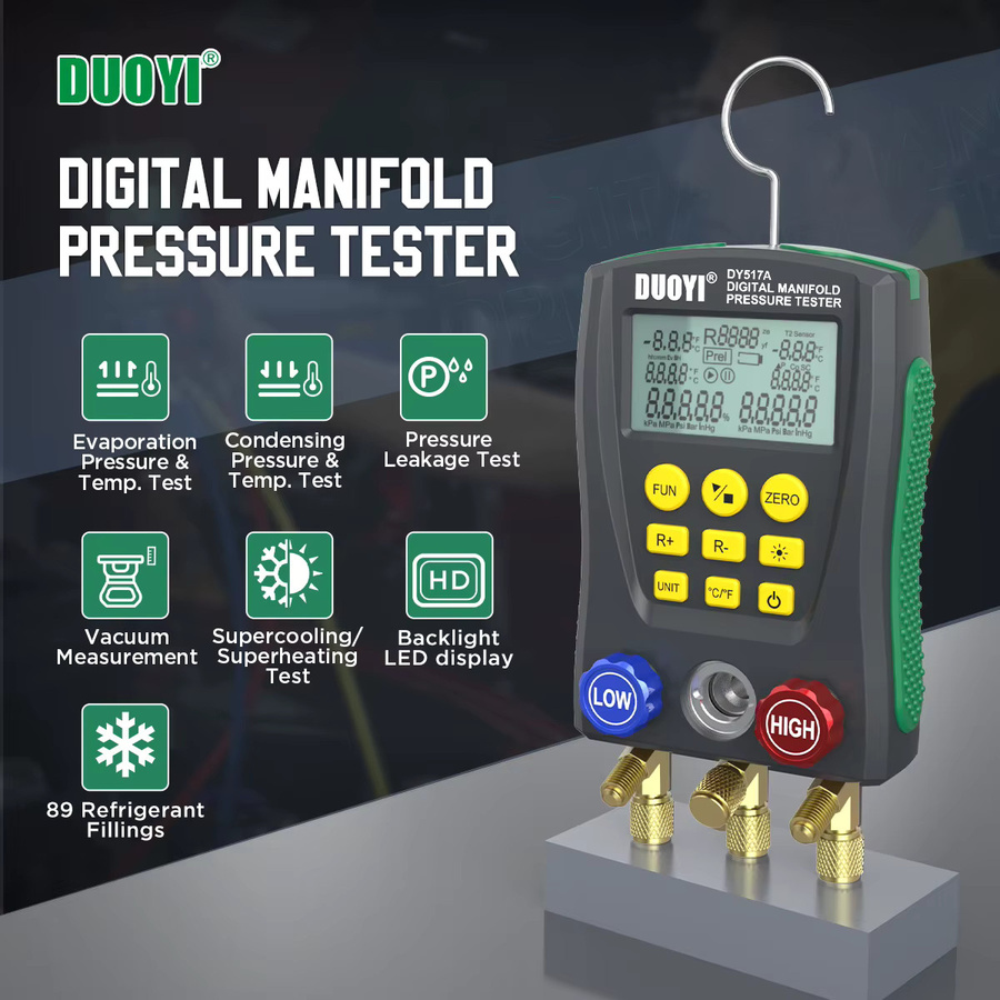 DUOYI DY517A Digitales Kältetechnik-Manometer als Vakuum-Drucktester und HVAC-Temperaturprüfgerät mit integrierter Unterstützung für 89 Kältemittel sowie Überhitzungsprüfung - Bild 3