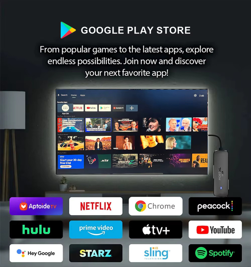 Mortal Q8 Android 14 TV-Stick mit WIFI6 und Sprachsteuerung, 8K Media Streamer in Schwarz - Bild 2