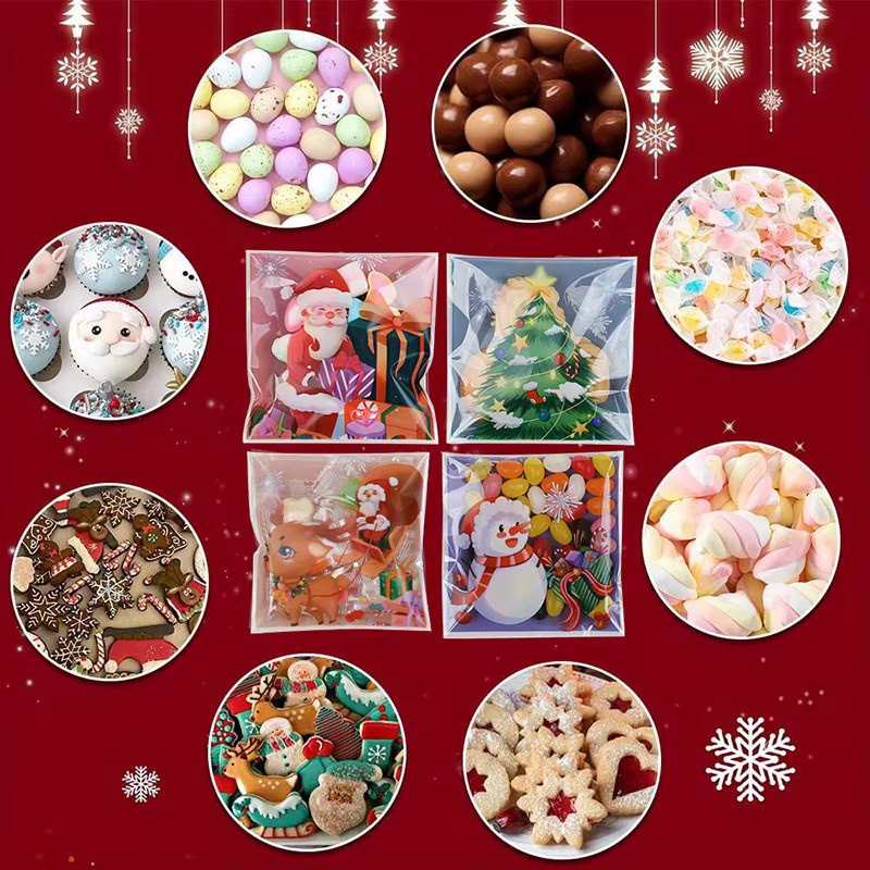 100 Stück EIK Weihnachts-Geschenktüten mit Weihnachtsmann und Schneemann Motiv, transparente selbstklebende Kekstüten für Weihnachtsfeiern und Neujahr - Bild 3