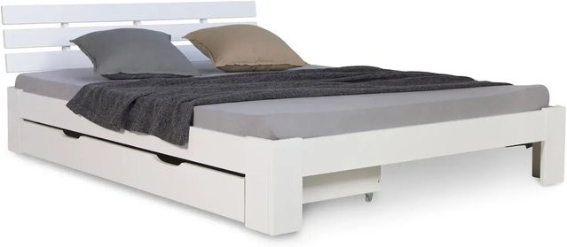 Homestyle4u Holzbett aus Kiefer und MDF mit Lattenrost und Bettkasten in Weiß, B/T/H: 140 x 200 x 66 cm - Bild 1