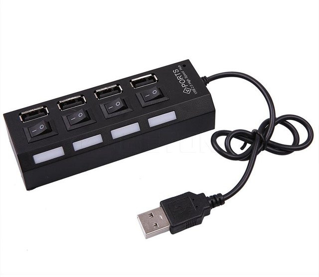 Kebidumei 4-Port USB-Hub mit LED-Licht und Ein-/Ausschalter, USB 2.0 Splitter-Adapter für Laptop, Schwarz - Bild 1