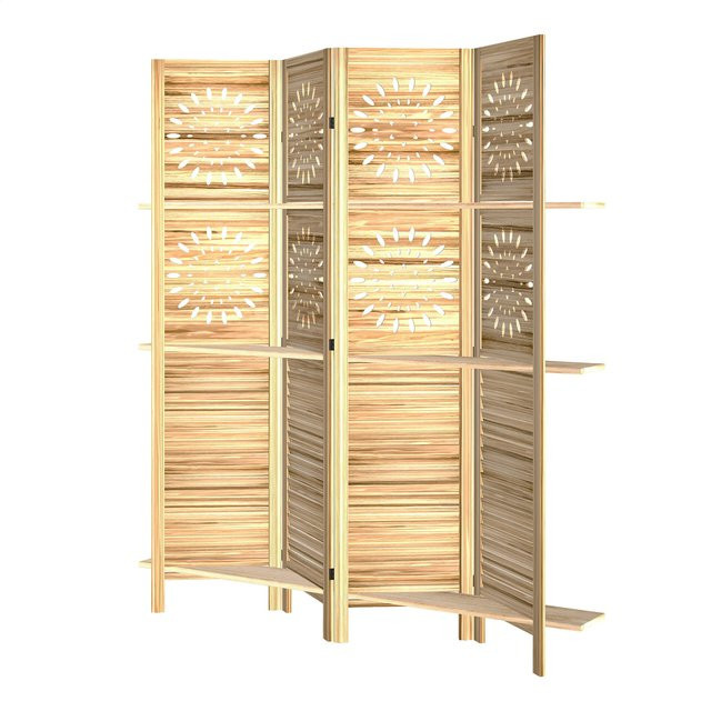 HOMCOM Paravent aus Paulownia-Holz mit 4 Paneelen und 3 Ablagen, faltbarer Raumteiler in Naturholz Braun, H: 170 cm, B: 160 cm - Bild 1
