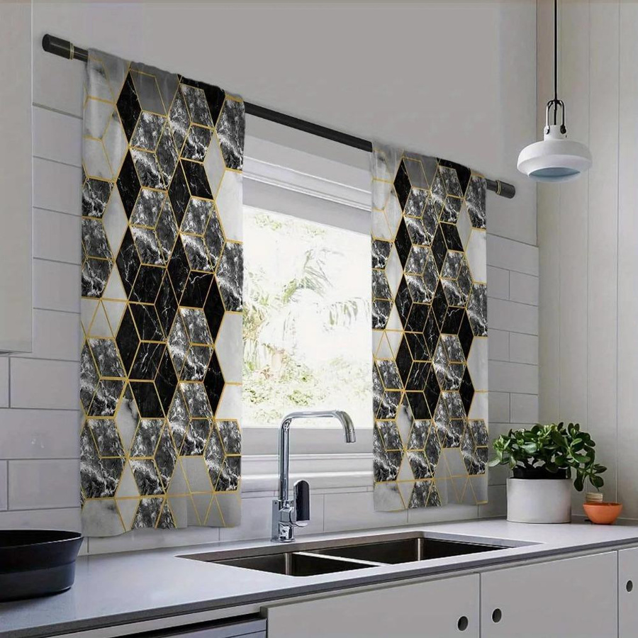 Yiran Furniture Küchenvorhang mit geometrischem Druck im Vintage-Stil, halbtransparentes Fensterdekor aus Polyester, Mehrfarbig, Breite: 100 cm, Höhe: 130 cm - Bild 1