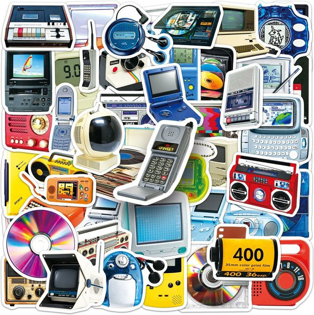 80er 90er Jahre Vintage Elektronikgeräte-Aufkleber, Retro-Spiele-Sticker, 50-teiliges Set - Bild 1