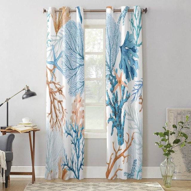 Super Six Volantvorhang mit Meeresleben-Motiv in Blau und Korallenrot, semi-transparent, B: 135 cm, H: 245 cm - Bild 1