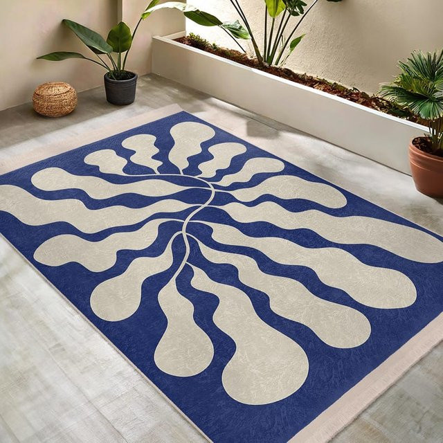 JGJG Wellenteppich Blau mit abstraktem organischem Design, quadratisch, waschbar, Breite: 60 cm, Länge: 90 cm - Bild 1