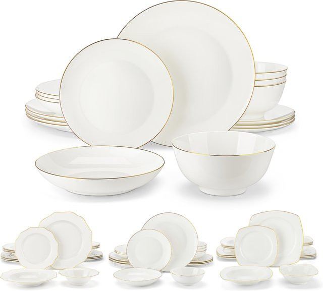 MALACASA Geschirrset aus weißem Knochenporzellan mit goldenem Rand, 16/32-teiliges Dinner-Service für 4 Personen, bestehend aus Schüsseln, Abendessen- und Suppentellern - Bild 1