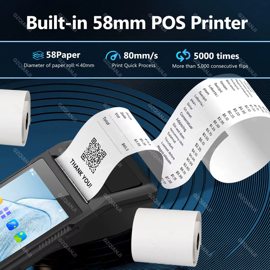 GZQIANJI Handheld POS Terminal Schwarz mit 5,45 Zoll Touchscreen, 58mm Thermodrucker, WiFi, Bluetooth 4.0 und USB-C Unterstützung für Loyverse - Bild 3
