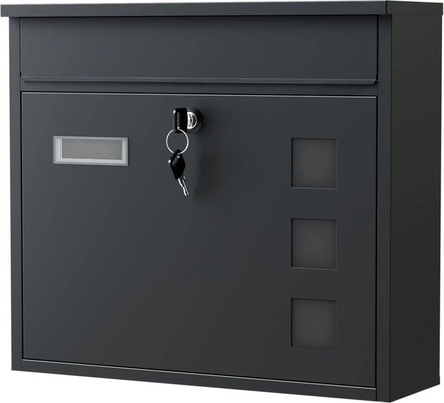 Wiltec Briefkasten V12 aus Stahl in Schwarz mit Schloss und Namensschild, Wandmontage, B/H/T: 36,0 x 31,5 x 11,5 cm - Bild 1