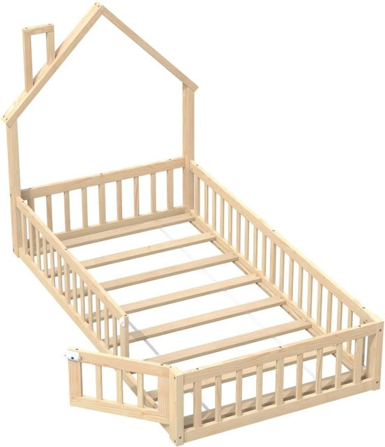 okwish Kinderbett Hausbett in Schornsteinform aus Kiefernholz und MDF, Farben: Weiß und Grau, B/T/H: 90 x 200 x 147 cm - Bild 1