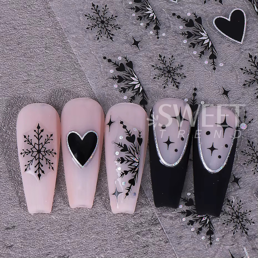 SWEET TREND Nagel Aufkleber, Schwarz Weiß, 3D Schneeflocke, Herz, Stern, Matt - Bild 5