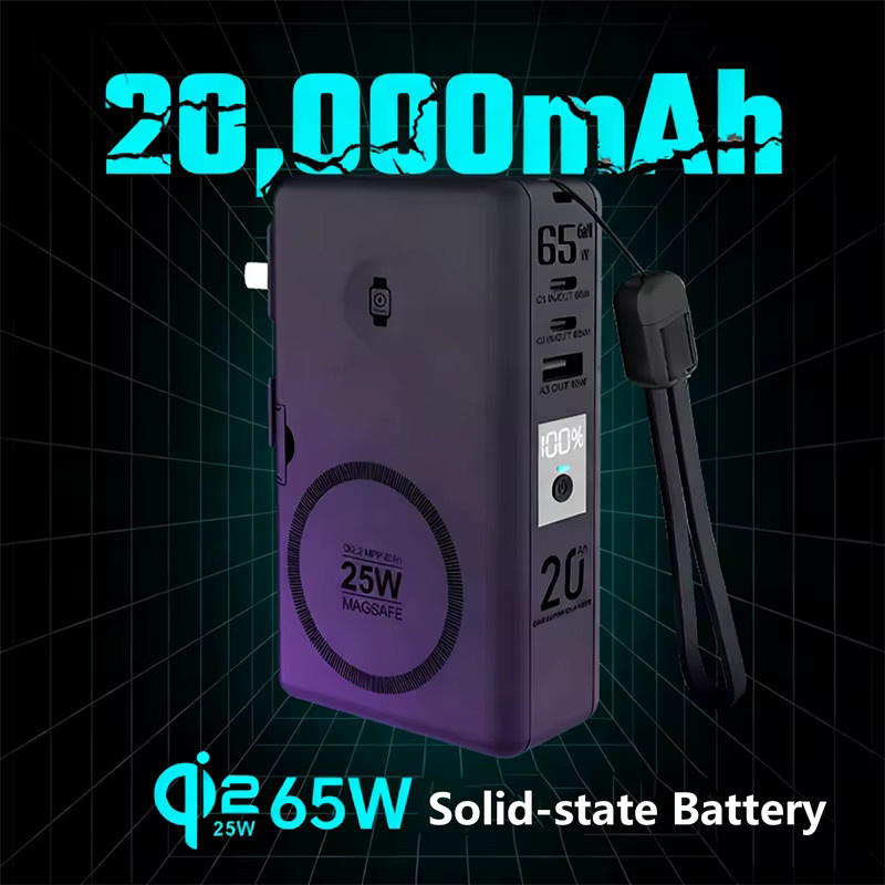 Magnetische kabellose Powerbank 20000 mAh mit Qi2.2 25 W und PD 65 W Schnellladegerät inklusive Stecker, Schwarz - Bild 2
