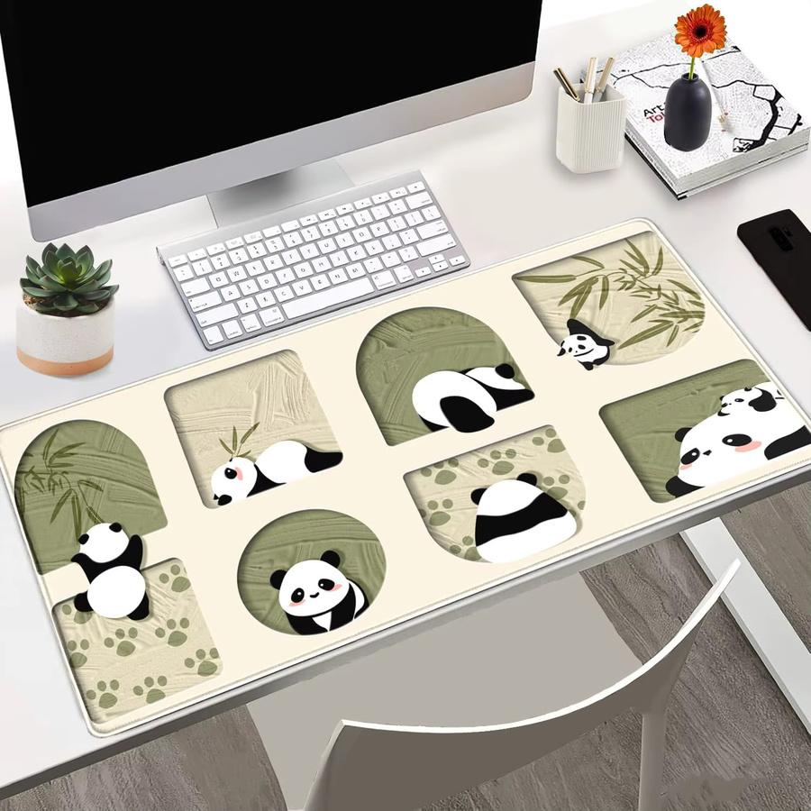 Beige Kawaii-Panda-Schreibtischunterlage mit genähten Kanten und rutschfester Basis für Büro und Gaming - Bild 2