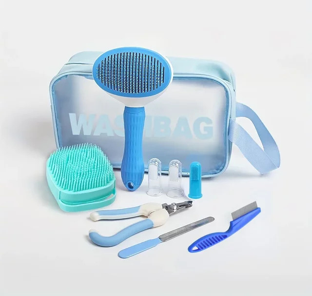 9-teiliges Haustier-Pflegeset in Blau und Multicolour mit Haarentfernungsbürste, Flohbürste, Badebürste, Nagelknipser, Zahnbürste und Aufbewahrungstasche - Bild 1
