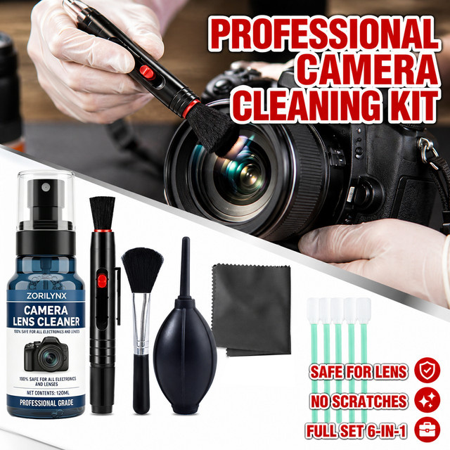 ZORILYNX Kamera-Reinigungsset mit 120ml Reinigungslösung, Luftgebläse, Objektivreinigungsstift, Bürste, Tuch und Sensor-Reinigungstupfer für DSLR und spiegellose Kameras - Bild 1