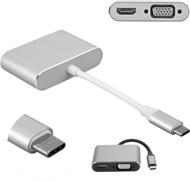 USB-C Hub Adapter in Silber mit HDMI, DisplayPort, DVI, VGA und Ethernet für 4K UHD Auflösung - Bild 1