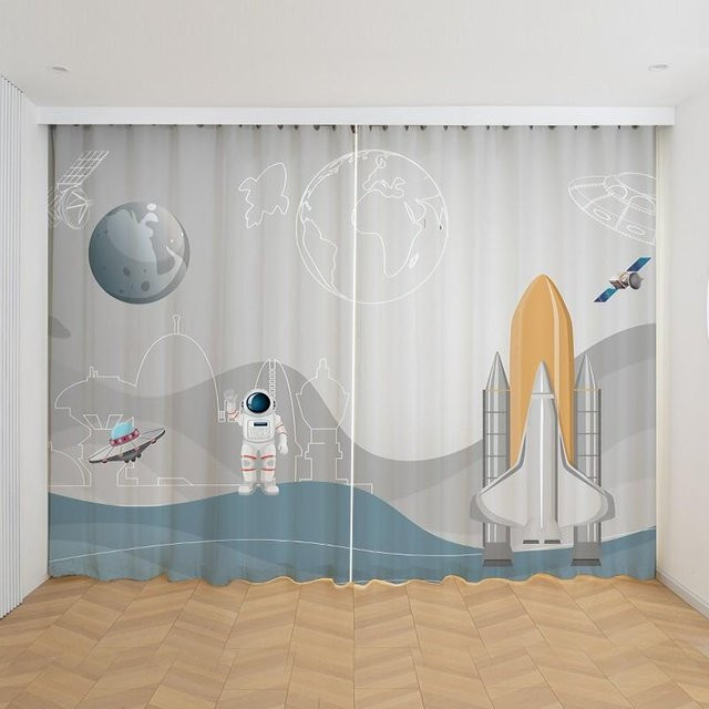 2er-Set Yiran Furniture Vorhang mit Weltraum Astronauten und Raketen Motiv, Blau, B: 50 cm, H: 130 cm - Bild 1