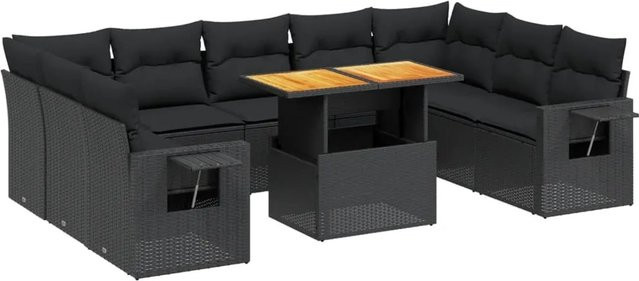 vidaXL 10-tlg. Garten-Sofagarnitur in L-Form aus Polyrattan und Akazienholz mit Kissen, Schwarz - Bild 1