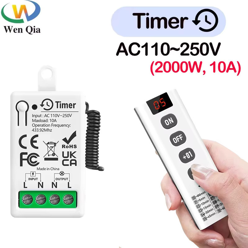 WenQia Kabelloser Timer-Lichtschalter mit Fernbedienung und 10 Countdown-Modi, 433MHz Mini-Relais-Empfänger für Lampe oder Ventilator, Weiß - Bild 2