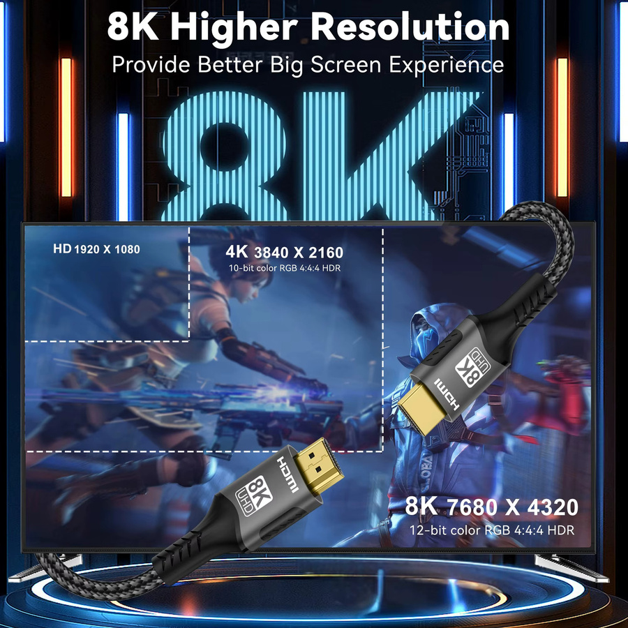 VAORLO HDMI 2.1 Kabel Ultra High Speed für 8K@60Hz und 4K@120Hz, 48 Gbit/s, ARC, HDCP, HDR, Schwarz - Bild 6