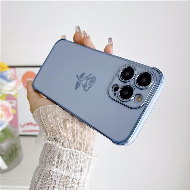 Silikon Schutzhülle mit galvanisiertem Rosenblüten-Rahmen für Apple iPhone 15 Pro Max, 14, 13, 12, 11, 16 Plus und SE (2020) in Grau - Bild 1