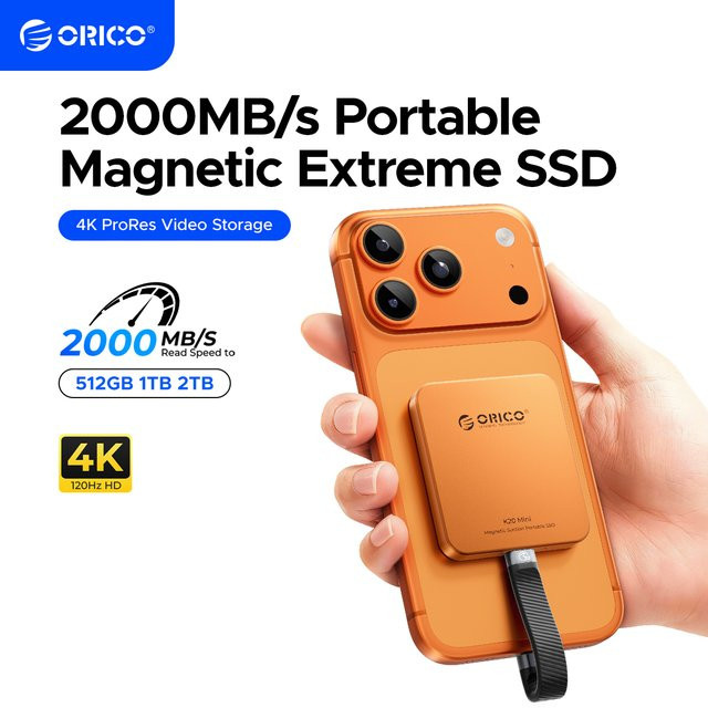 ORICO Magnetische externe SSD 2 TB aus Aluminiumlegierung in Orange oder Silber mit bis zu 2000 MB/s für iPhone und 4K 120 Hz ProRes HDR Aufnahmen - Bild 1