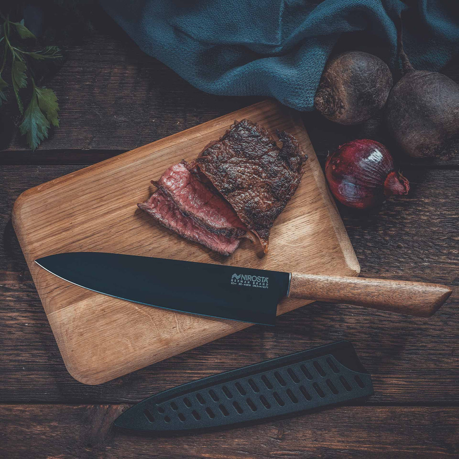 Nirosta Kochmesser Flow Chef Knife aus Edelstahl mit Holzgriff und Schutzhülle in Schwarz und Braun - Bild 2