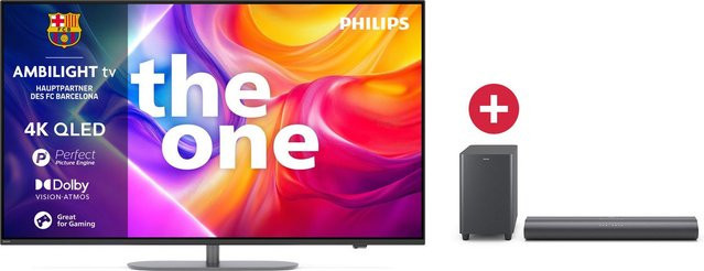 Philips The One 65PUS9060/12 QLED Ambilight Smart-TV in Schwarz mit 4K Ultra HD und 120 Hz sowie Soundbar TAB6100/10 und Subwoofer - Bild 1