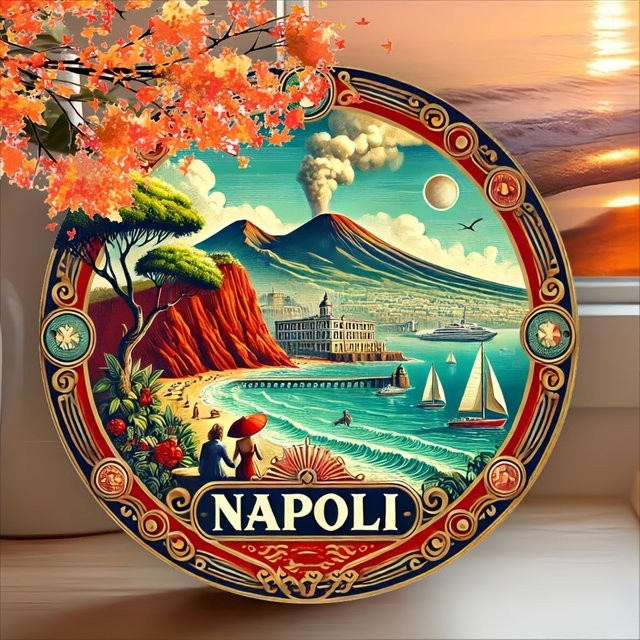 Potdemiel Napoli Vintage-Wandkunstschild aus Metall, rund, Multicolour, Durchmesser: 20,3 cm - Bild 1