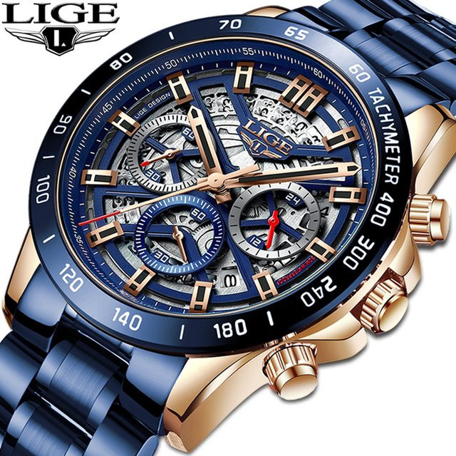 LIGE Chronograph, Edelstahl, Quarz, Blau, Herren - Bild 1