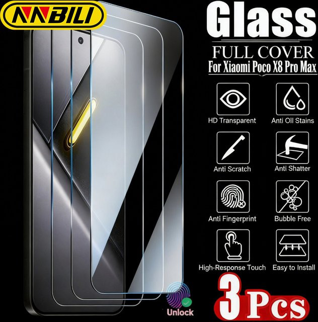 NNBILI 3 Stück 9D Vollflächige Gehärtete Glas-Displayschutzfolien für Xiaomi Poco X7 X8 Pro X8 Pro Max Serie, Transparent - Bild 1