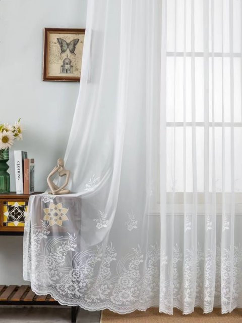 CENTURyMiG Transparente Voile-Vorhänge mit floraler Stickerei in Weiß, B: 100 cm, H: 200 cm - Bild 1