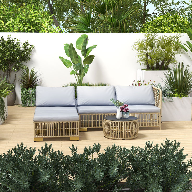 Outsunny 5-tlg Rattan Gartenmöbel-Set mit Ecksofa, Hocker und Kissen in Hellgrau und Beige aus Stahl und PE-Rattan - Bild 2