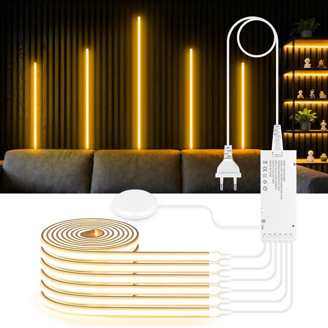 CHNAITEKE Akustische Wandpaneele mit COB Neon-LED-Streifen in Walnussholz-Optik, Selbstklebend, Warmweiß, Dimmbar mit Touch- und Handbewegungssensor, 24V - Bild 1