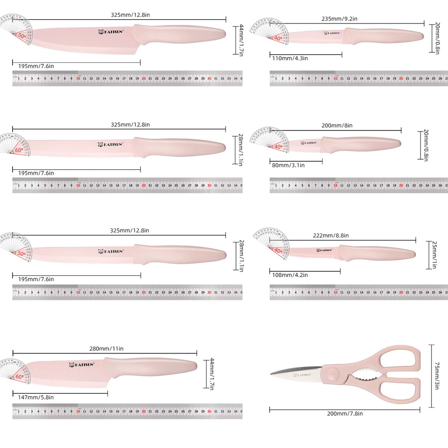 Katisun 14-teiliges Küchenmesser-Set aus titanbeschichtetem Kohlenstoffstahl in Rosa mit Messerblock und Schere für den Haushalt - Bild 2