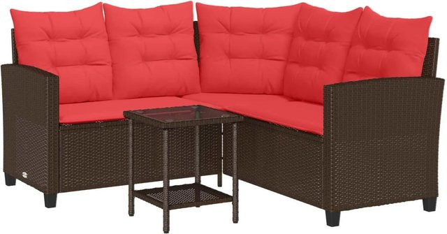 vidaXL Outdoor-Sofagarnitur in L-Form mit Kissen und Couchtisch, Poly-Rattan und Metallgestell, Braun und Rot - Bild 1