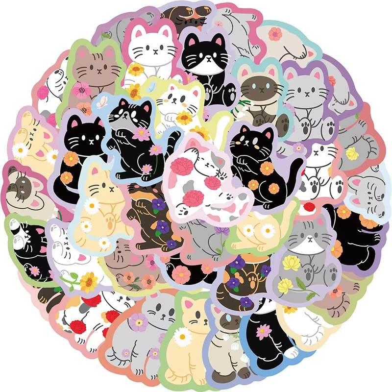 50 Stück Bunte Cartoon-Katzen-Aufkleber aus wasserfestem Vinyl für Wasserflaschen und Laptops in Multicolour - Bild 3