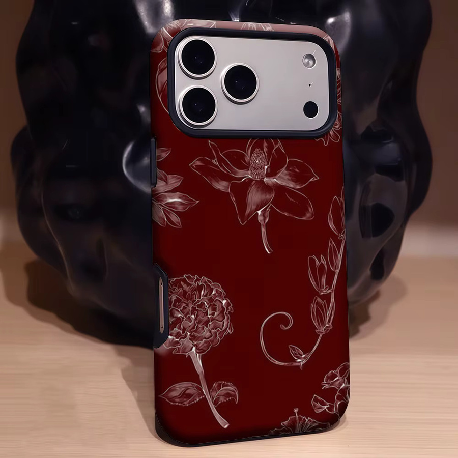 Potdemiel Handyhülle mit burgunderrotem Linienkunst-Blumenmuster für iPhone 17 16 15 14 13 Pro Max Plus, robuste magnetische Hülle - Bild 3