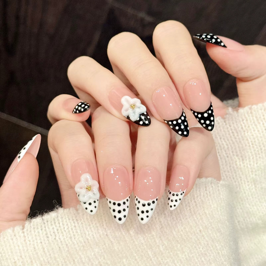 YADORNOS Künstliche Nägel, Polka-Dot-Design, schwarz-weiß, glänzend - Bild 2