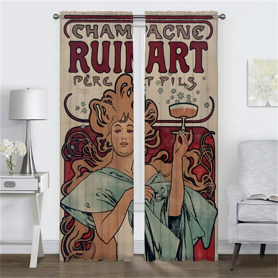 Alphonse Mucha Vorhänge für das Wohnzimmer, 2 Paneele, halbtransparent, Mehrfarbig, Breite: 50 cm, Höhe: 70 cm - Bild 1