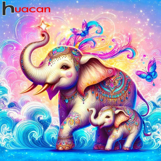 Huacan Diamantgemälde Elefant und Schmetterling als Diamantmosaik in Mehrfarbig, B/H: 20 x 20 cm - Bild 1