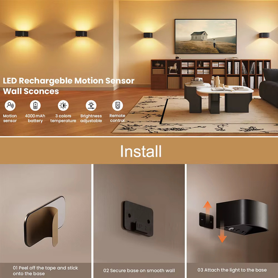 UMEXUS 2er-Set LED Wandleuchten mit Bewegungssensor, Schwarz, Up-and-Down Licht, 3 Farbtemperaturen und einstellbarer Helligkeit, wiederaufladbar - Bild 3