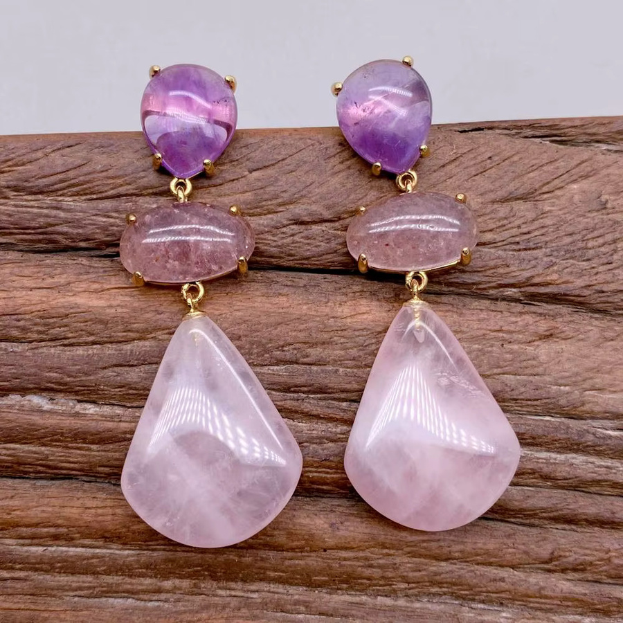 YYGEM Ohrstecker, vergoldet, Amethyst, Erdbeerquarz - Bild 2