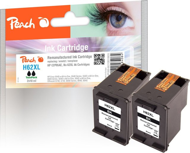 Peach HP 62 XL Black Tintenpatronen Set (2er Pack), wiederaufbereitet, ersetzt HP No. 62XL BK und C2P05AE, kompatibel mit HP Envy 5640 e-All-in-One, HP Envy 5644 e-All-in-One und HP Envy 5600 - Bild 1