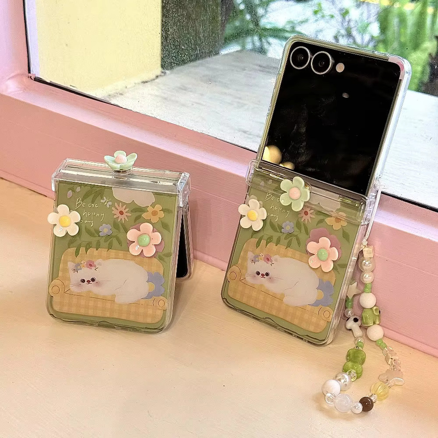 Samsung Galaxy Z Flip Handyhülle mit 3D-Blume, süßer Katze und Sternen, Scharnierschutz und Handschlaufe, Multicolor - Bild 2
