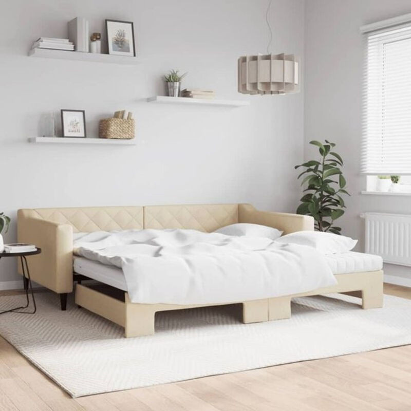 Ausziehbares Funktionsbett mit Matratze von vidaxl in Beige aus Stoff und Metall, B/T/H: 200 x 100 x 67 cm - Bild 1