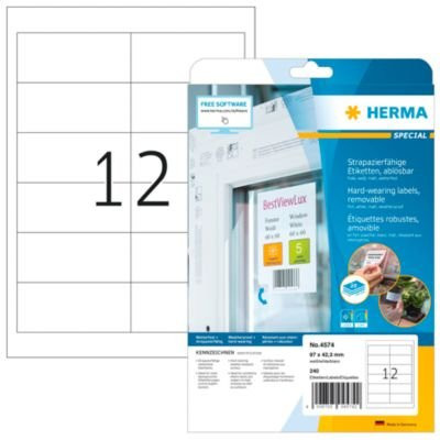 HERMA Folienetiketten 4574, weiß, selbstklebend, wetterfest und bedruckbar, B: 97 mm, H: 42,3 mm, 240 Stück/20 Blatt - Bild 1